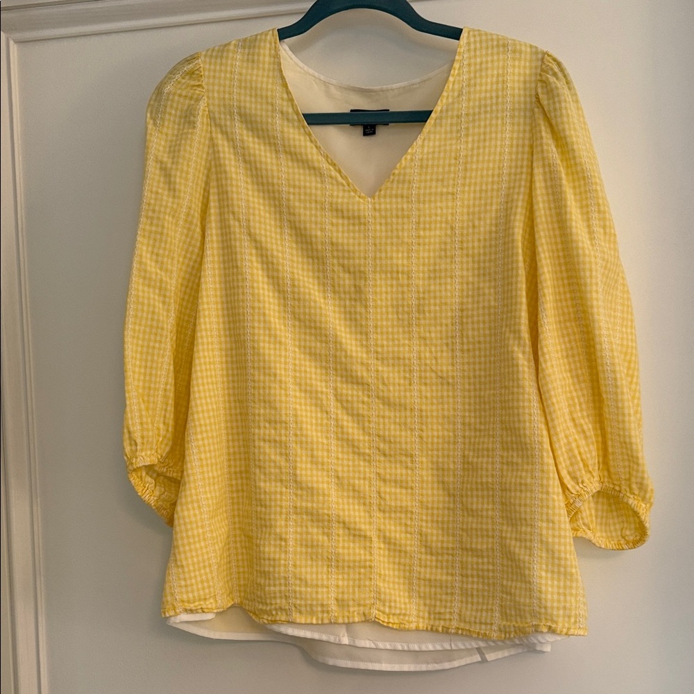 Jones New York Yellow Gingham V-Neck Blouse